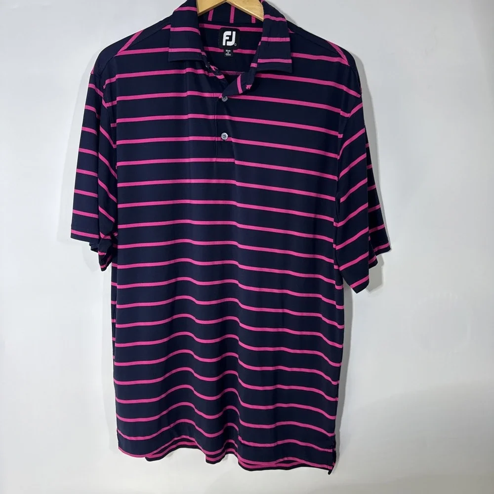 FootJoy Mens Large ProDry Golf Polo Shirt Navy Pink Striped Honeybrook Golf Club